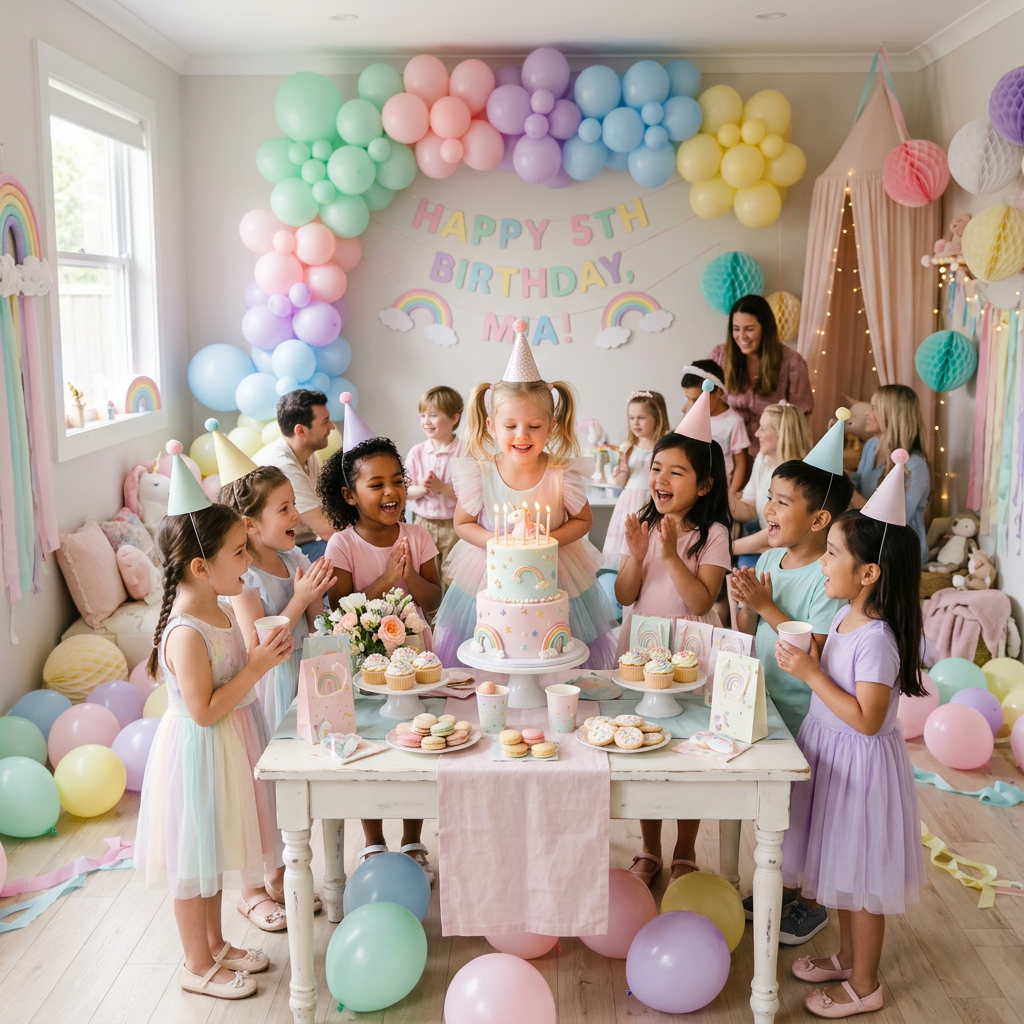 Children wearing party hats gathered around birthday cake at a colorful party