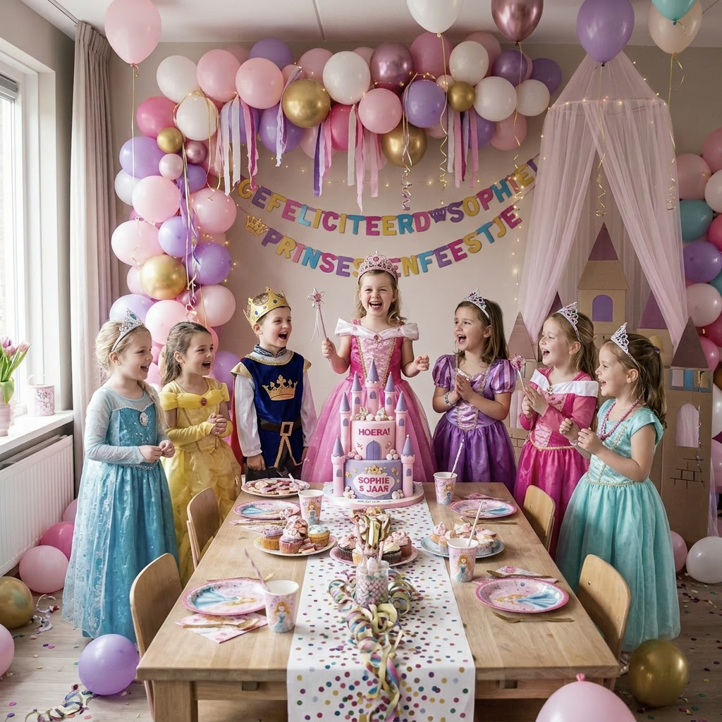 Children in princess and prince costumes celebrating a birthday with a castle-themed cake and colorful decorations